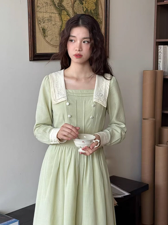 Sage Green Embroidered Collar Cottagecore Prairie Dress