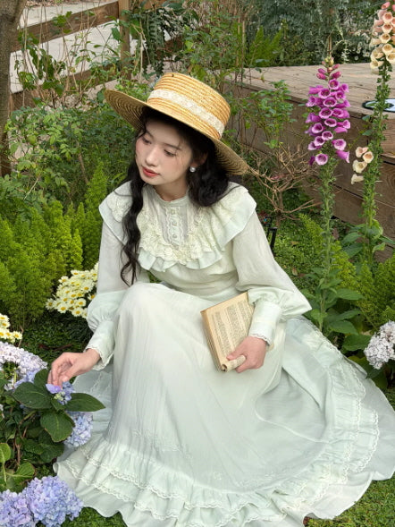 Soft vintage cottagecore maxi dress with lace ruffle neckline and flowing skirt, dreamy fairycore garden style