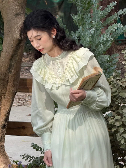 Vintage inspired sage green cottagecore dress with lace ruffle collar and long sleeves, romantic prairie style outfit