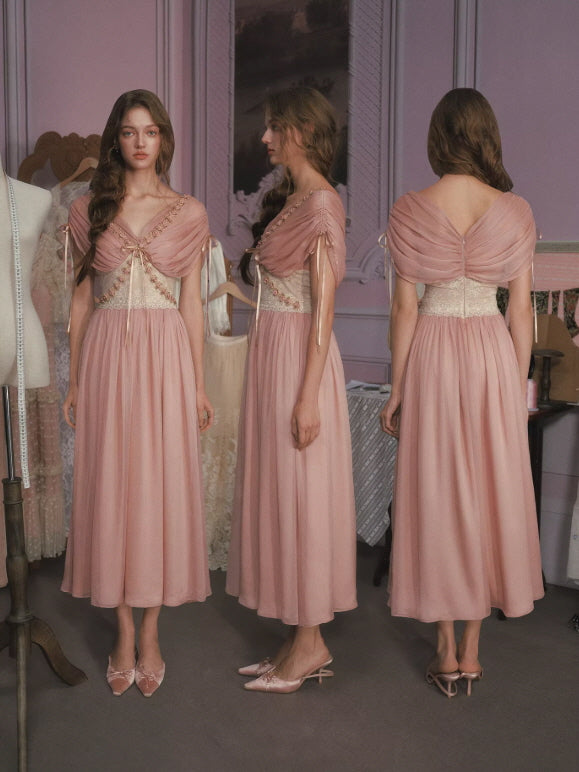 Front side and back view of vintage blush pink chiffon maxi dress with floral trim bodice and romantic flowing skirt