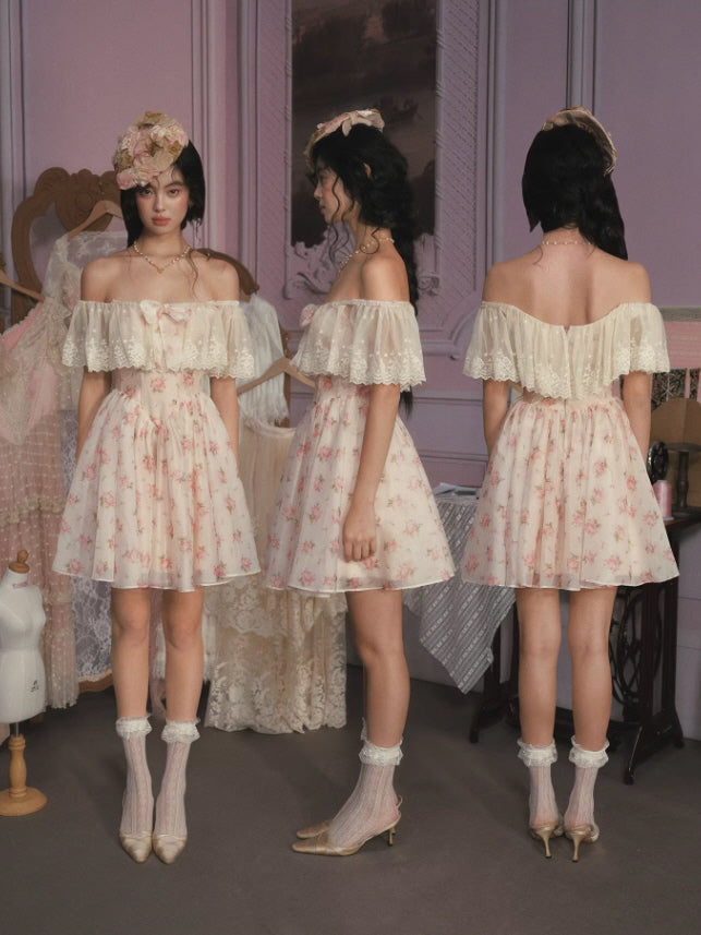 Floral off-shoulder dress front side and back view with lace ruffle neckline and fitted waist silhouette