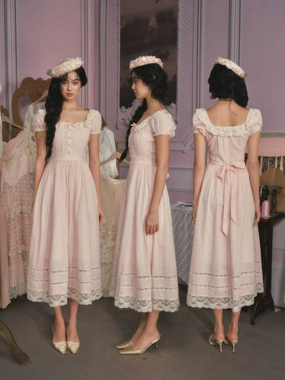 Pink cottagecore dress front side and back view with lace hem and ribbon tie waist, soft feminine silhouette