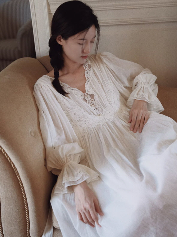 Elegant white nightdress with soft fabric and romantic lace details, relaxed cottagecore sleepwear style