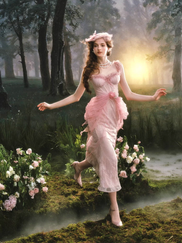 Flowing blush pink lace midi dress with airy tulle overlay, styled in enchanted forest with soft movement and romantic cottagecore vibe