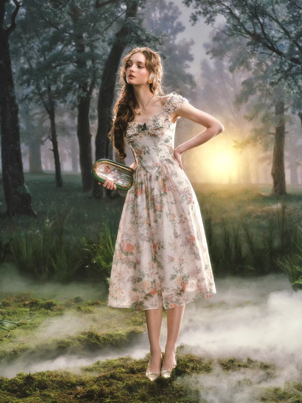 fairycore floral midi dress with delicate butterfly accent and sheer overlay in misty woodland atmosphere