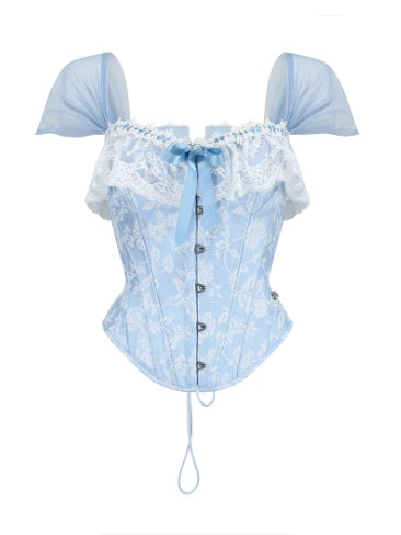 Light blue lace corset top with ribbon detail and structured boning, vintage balletcore style