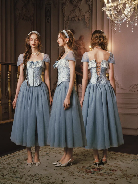 Blue corset dress front side back view with lace-up back and tulle skirt, vintage balletcore outfit