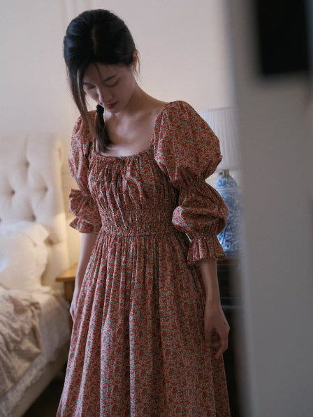 puff sleeve cottagecore dress Cotton Floral Maxi Dress | Open Back Puff Sleeve Summer Dress