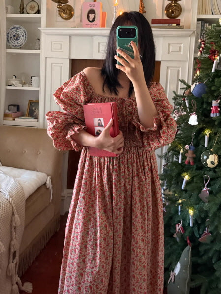 mirror selfie of red floral cottagecore dress, long flowy silhouette and elastic bodice detail