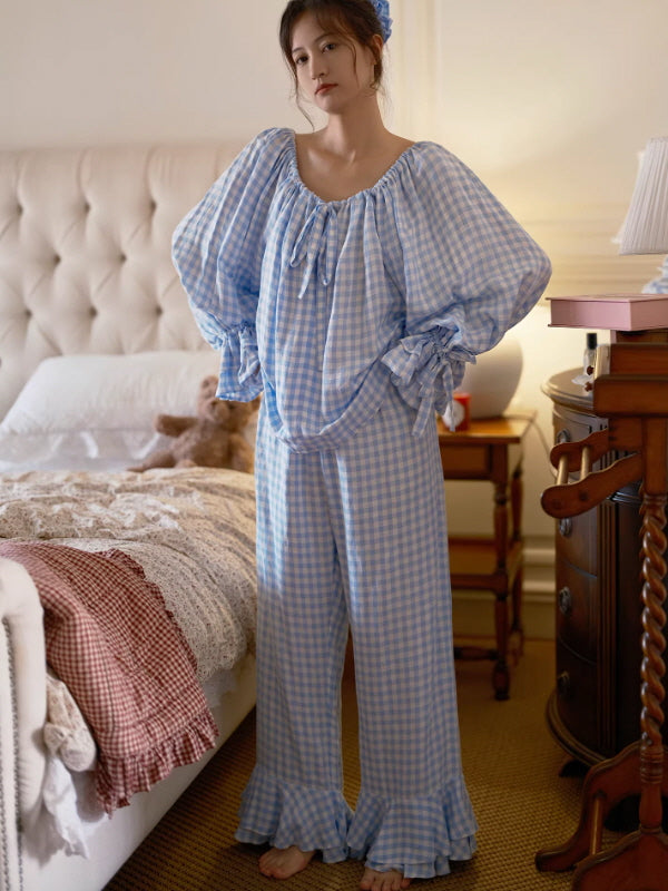 full body blue gingham pajama set with ruffle hem pants and oversized sleeves cottagecore style