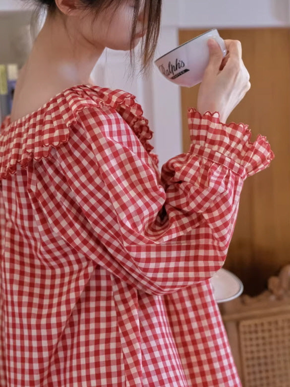Red checkered long sleeve pajama with ruffled cuffs, soft cotton cozy homewear aesthetic
