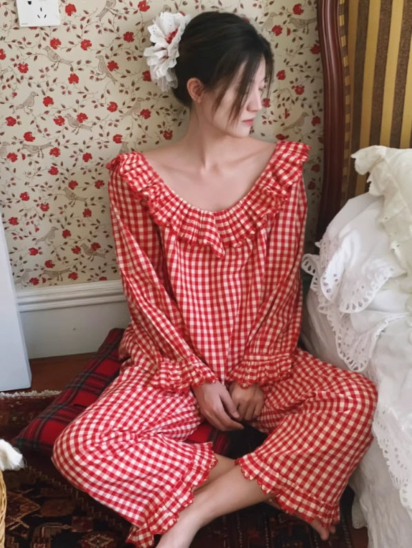 Vintage style red gingham pajama set, relaxed fit cottagecore sleepwear with frill details