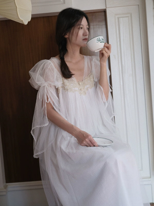 Elegant white tulle nightgown with lace trim, dreamy cottagecore sleepwear for cozy mornings