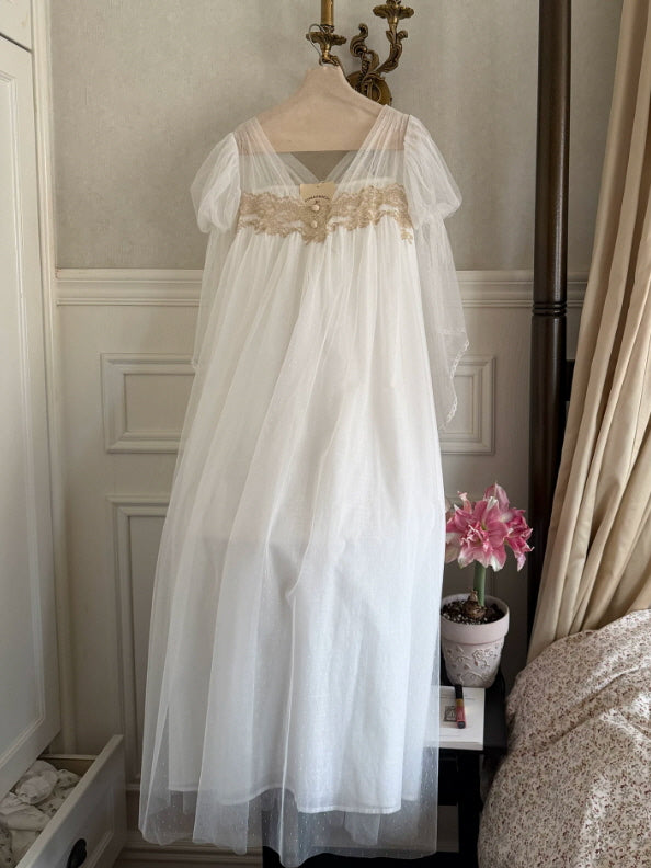 Vintage inspired white lace nightgown with flowy silhouette, delicate tulle princess sleepwear