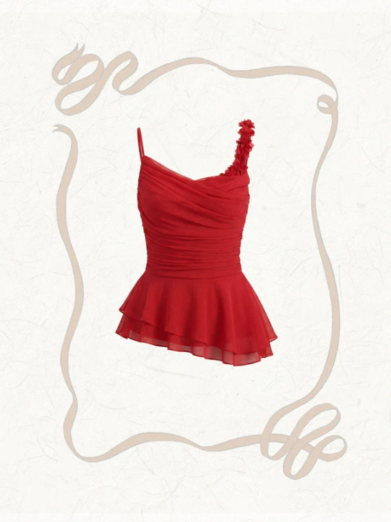 Scarlet Blossom One-Shoulder Peplum Top