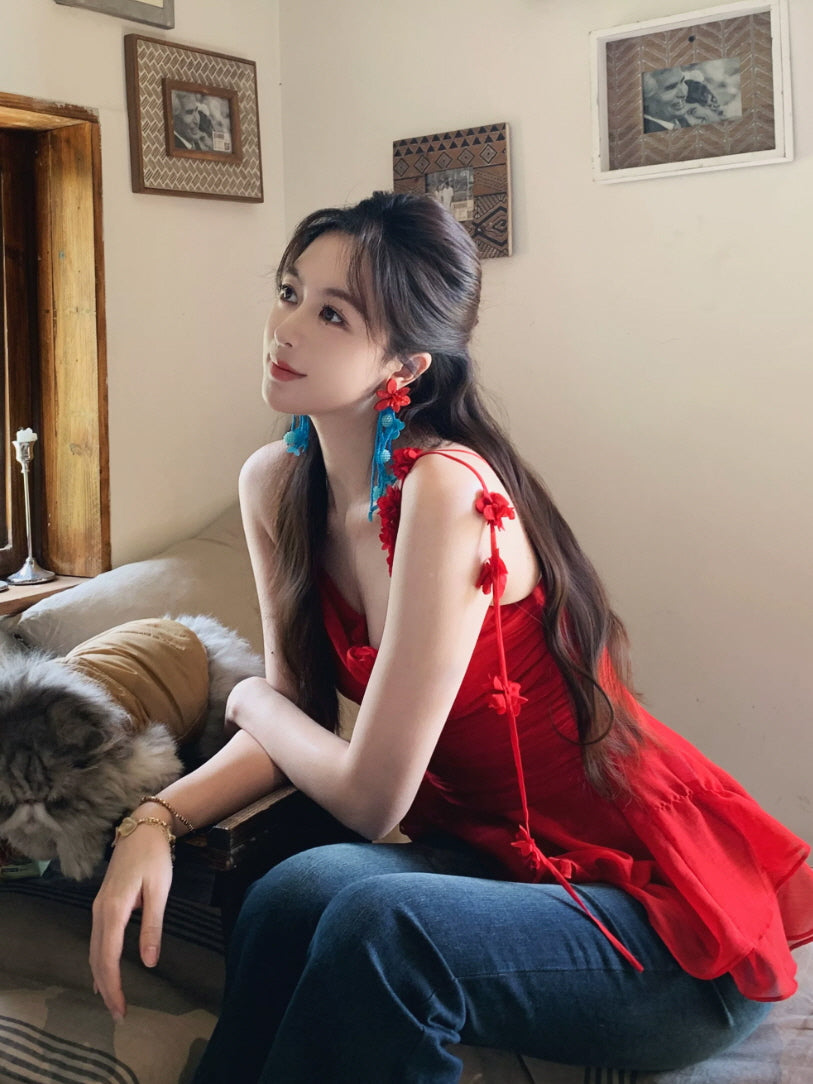 Scarlet Blossom One-Shoulder Peplum Top