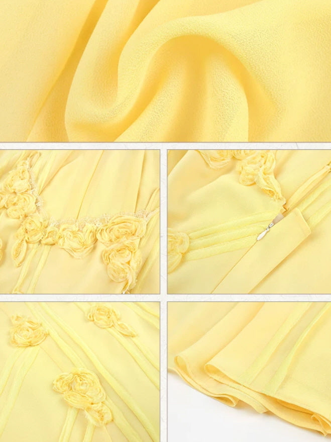 Yellow Fairycore Rose Applique Maxi Dress
