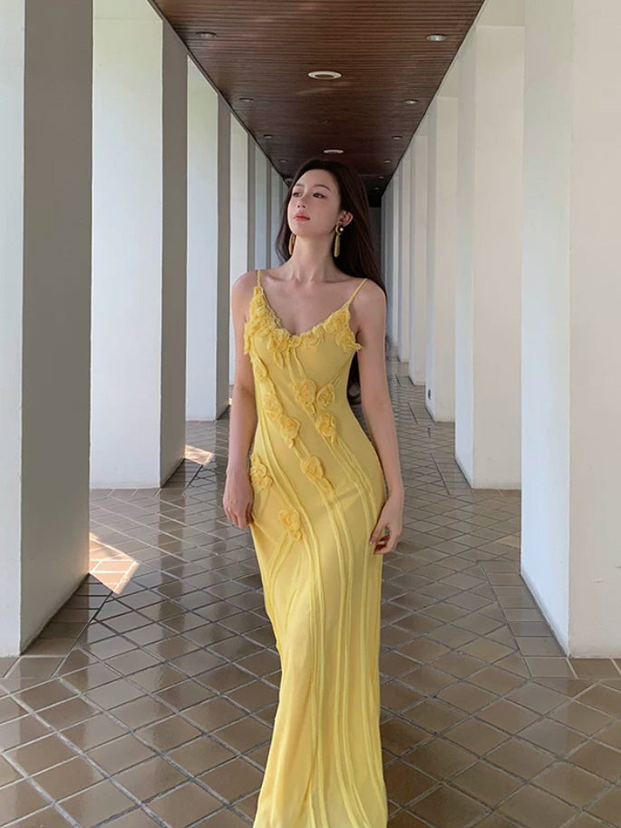Yellow Fairycore Rose Applique Maxi Dress