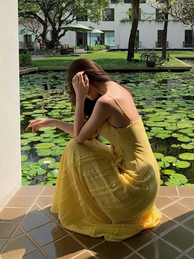 Yellow Fairycore Rose Applique Maxi Dress