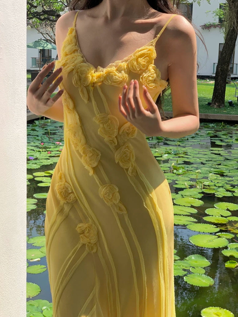 Yellow fairycore floral maxi dress with 3D rose appliques by a dreamy lily pond