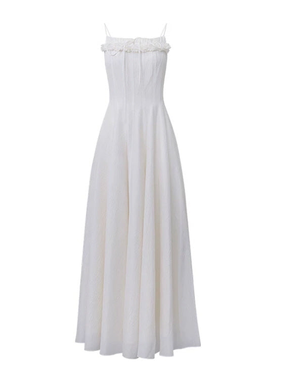 Ivory fairycore slip maxi dress with floral neckline detail on a clean white background