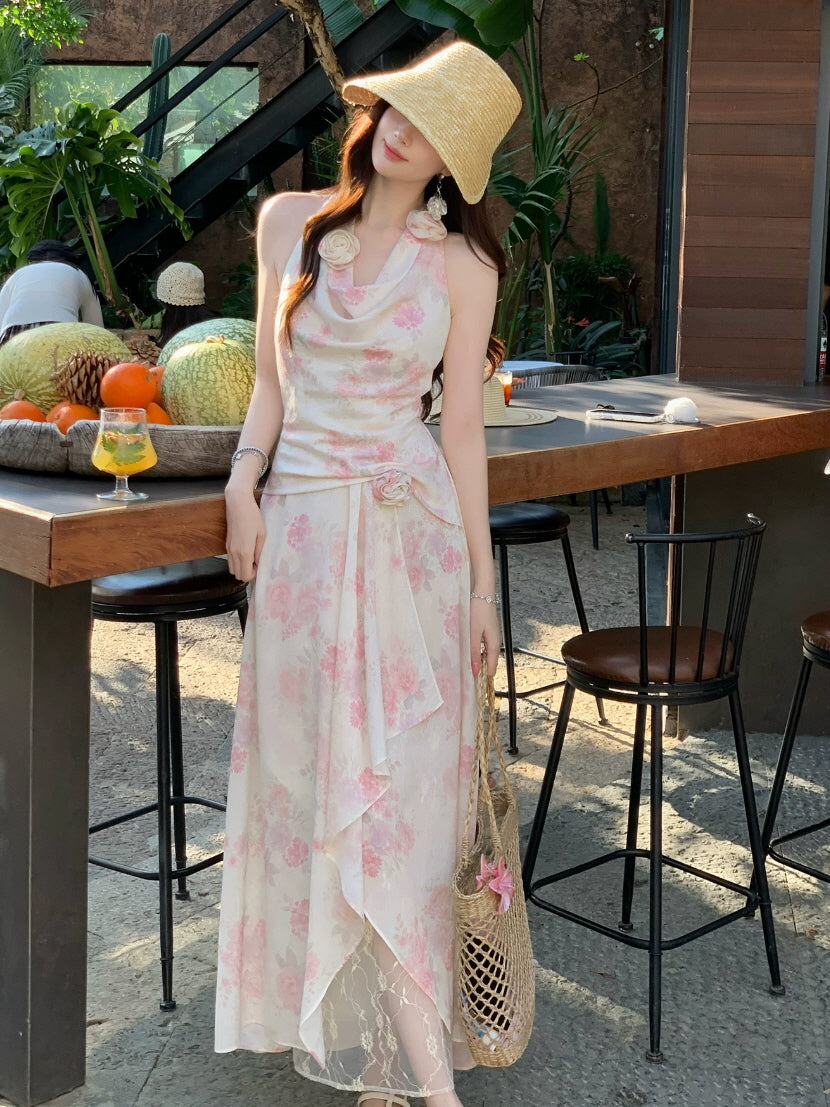 Romantic fairycore floral dress with pink rose print, halter neckline, and straw hat styling
