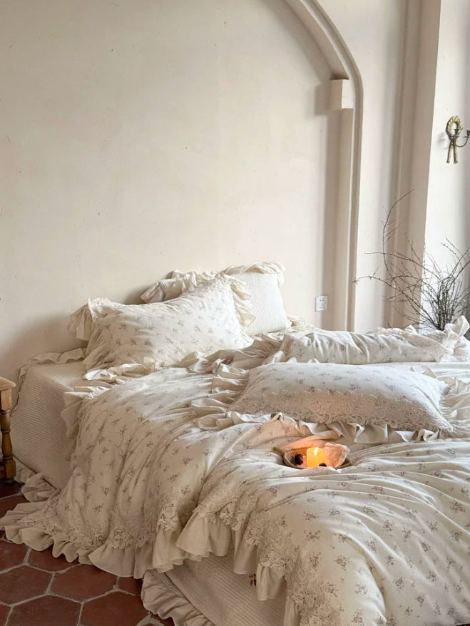 Ivory Rose Garden Lace Ruffle Bedding Set