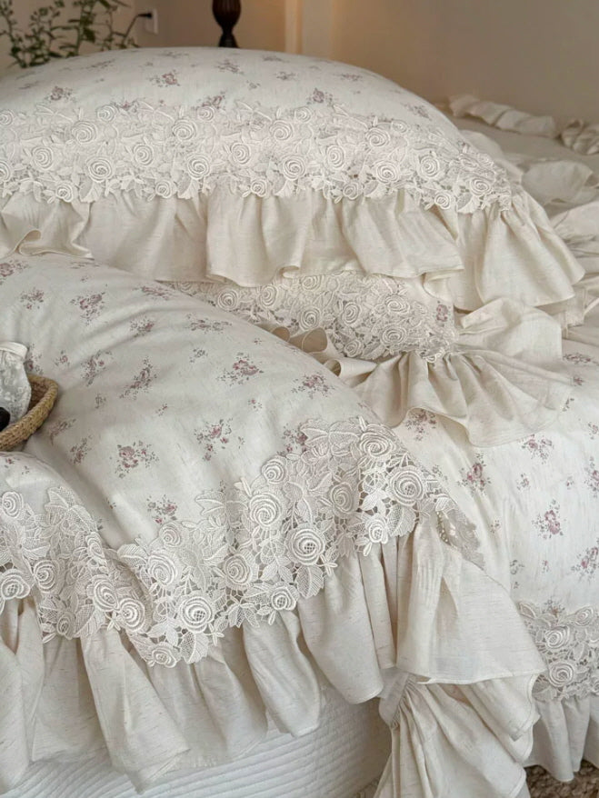 Ivory Rose Garden Lace Ruffle Bedding Set