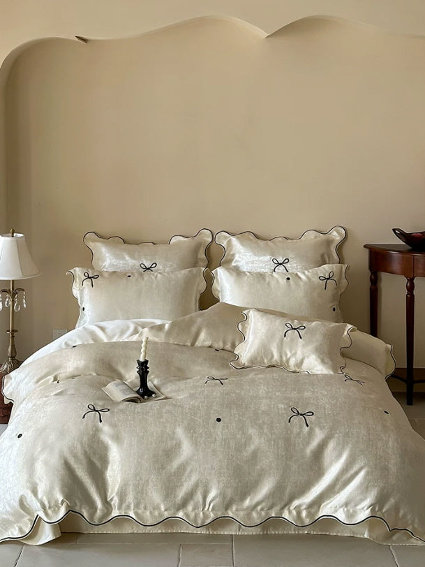 Ivory Ribbon Bow Scalloped Cotton Bedding Set