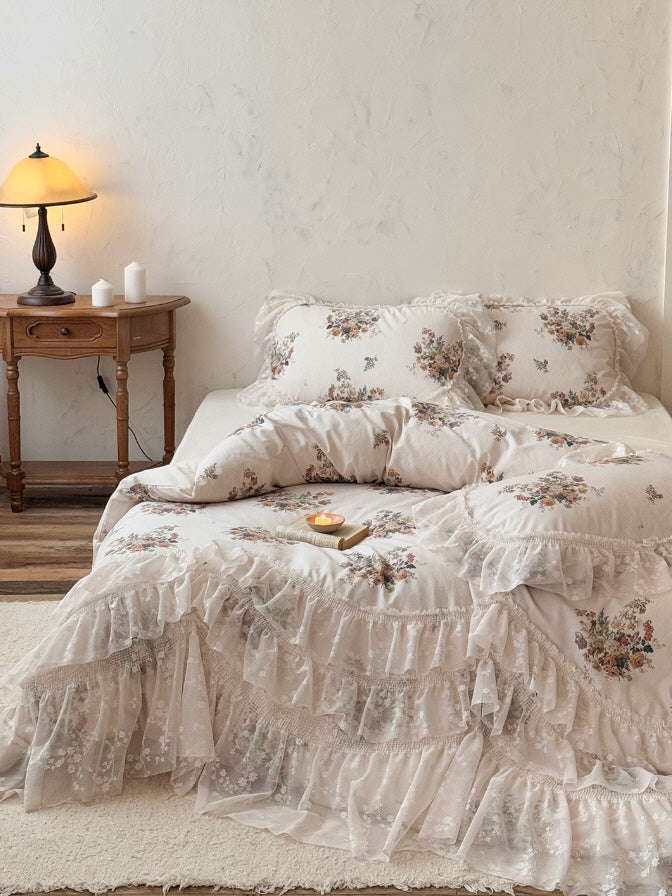 Vintage Garden Floral Lace Ruffle Bedding Set