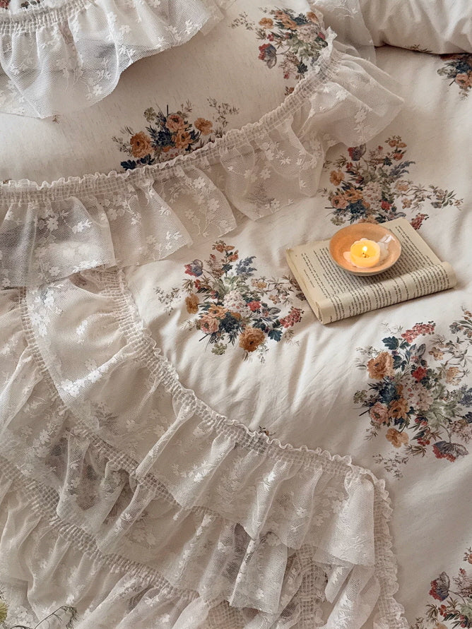 Vintage Garden Floral Lace Ruffle Bedding Set