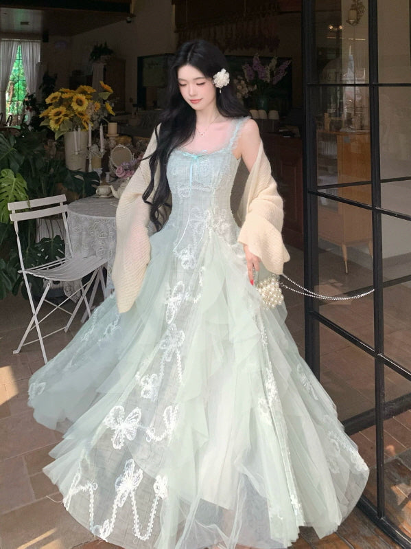 Mint Fairy Bow Lace Tulle Maxi Dress