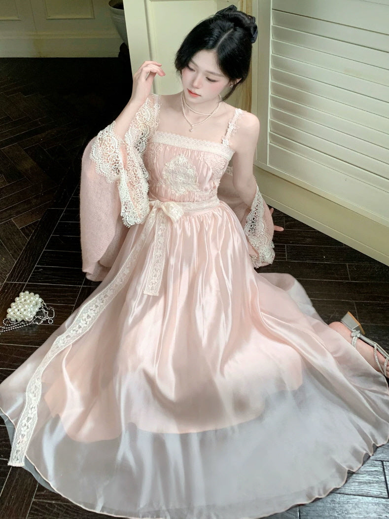 Blush pink lace princess dress with satin maxi skirt, embroidered bodice and romantic vintage details