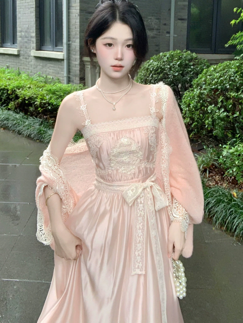 Blush pink vintage princess dress with delicate ivory lace, satin maxi skirt and romantic ribbon detail