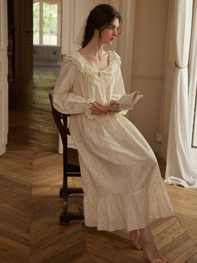 Cream floral cottagecore nightgown with romantic lace neckline and relaxed long sleeve loungewear design