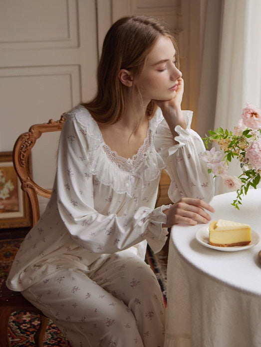 Vintage inspired floral loungewear set with lace ruffle collar, gathered sleeves and feminine pajama pants