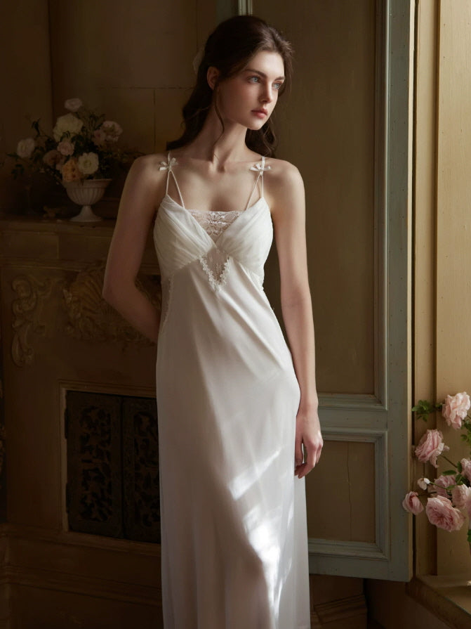 White lace nightgown with sheer floral lace robe, romantic vintage bridal sleepwear