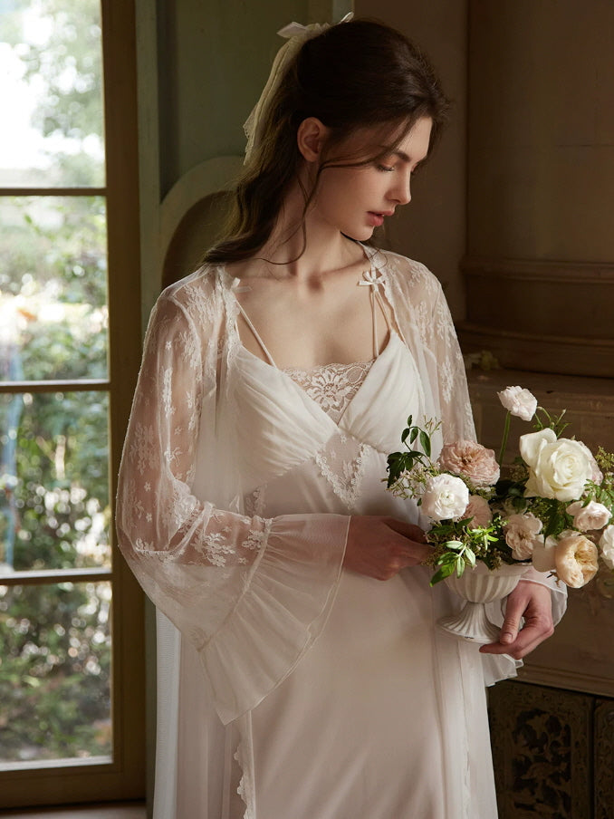 Romantic ivory lace nightgown styled with sheer bridal lace veil, ethereal vintage sleepwear