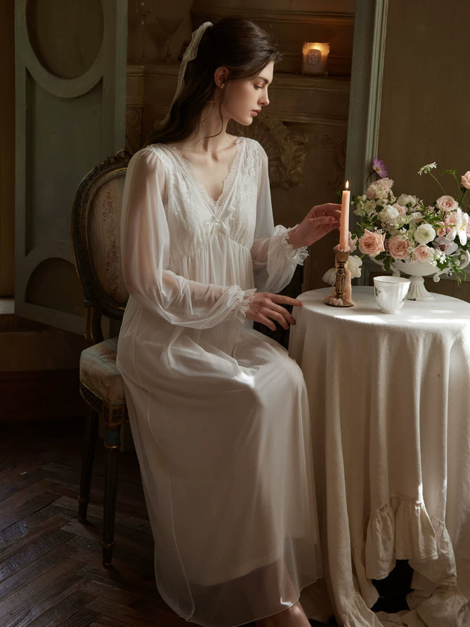 Vintage inspired white maxi nightgown with lace V neckline and delicate long sheer sleeves