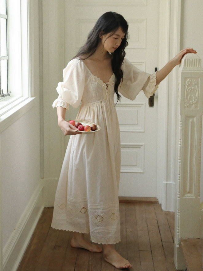 Cottagecore ivory maxi nightgown with lace hem, smocked bodice and flowing cotton silhouette