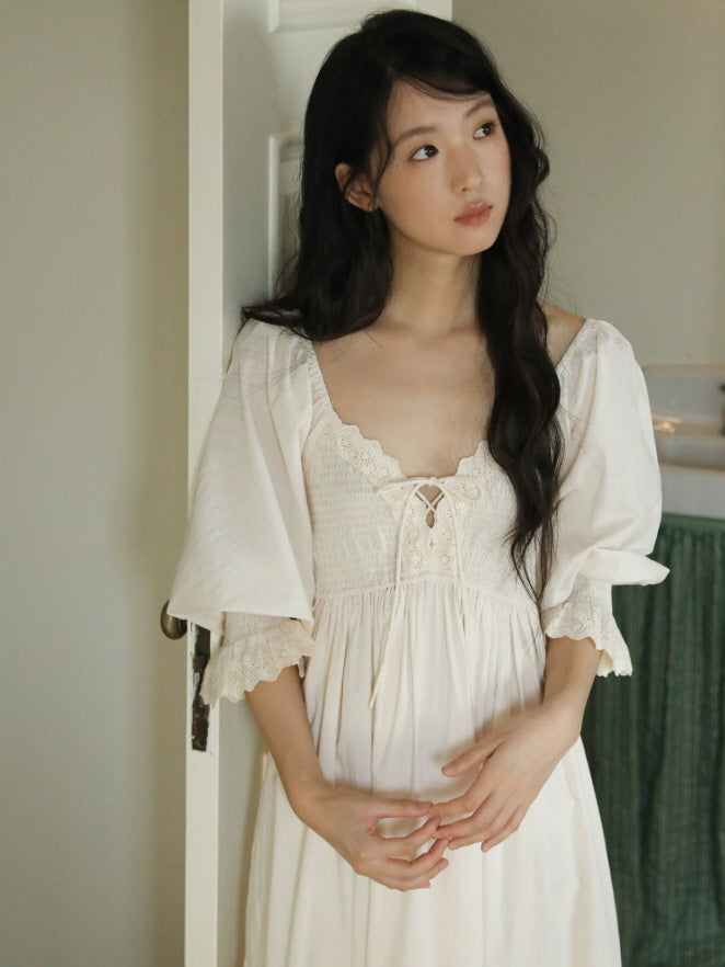 Vintage inspired cotton nightgown with puff sleeves, lace cuffs and delicate eyelet hem