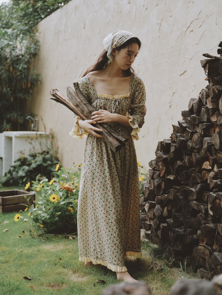 Romantic square neck cotton nightgown with tiny floral print, ruffle details and long cottagecore silhouette