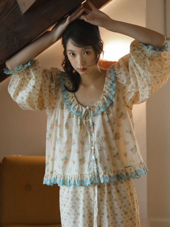 Cottagecore cotton pajama top with delicate floral print, gathered neckline and blue lace ruffles