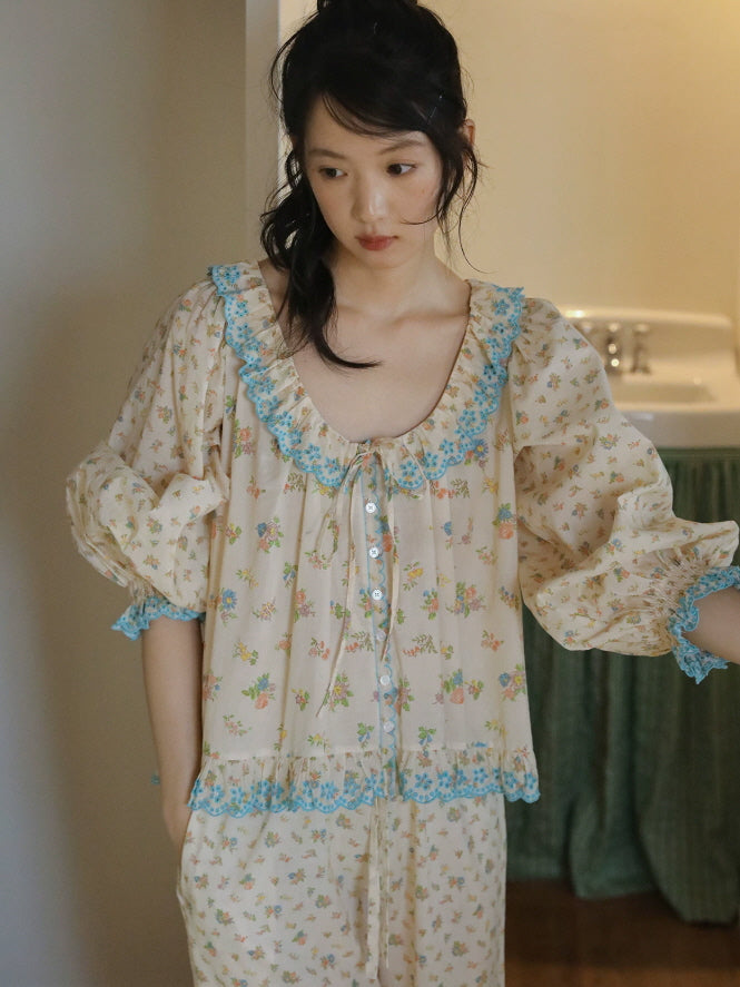 Cream floral cotton sleepwear set with gathered neckline, blue trim and comfortable matching pajama pants