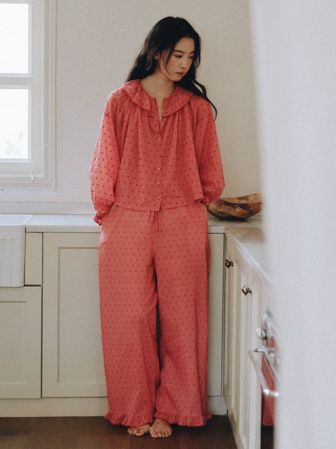 Romantic pink cotton sleepwear set featuring textured dot pattern, gathered ruffle neckline and loose sleeves