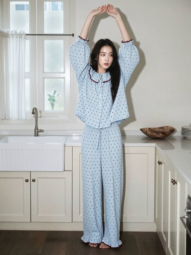 Two piece blue cotton loungewear set with oversized ruffle collar, voluminous sleeves and wide leg pants