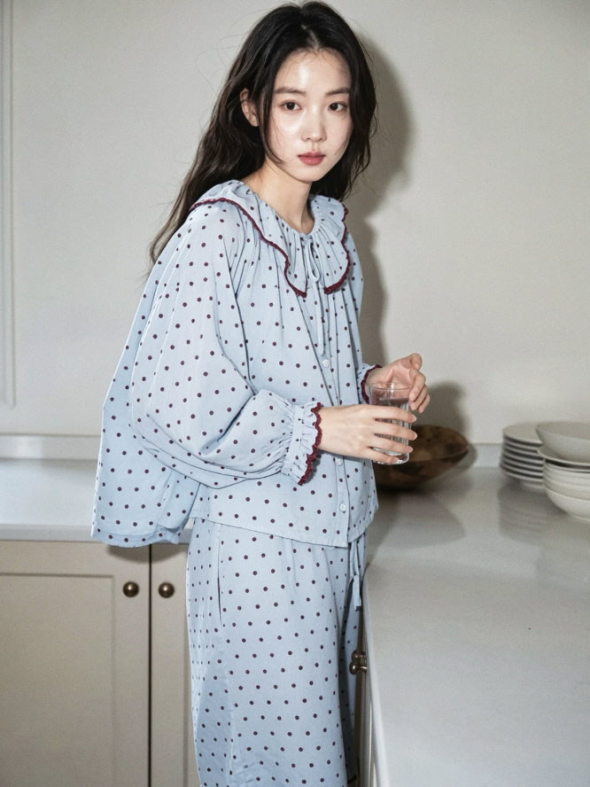 Cottagecore inspired blue cotton sleepwear with dotted print, ruffle neckline and loose comfortable silhouette