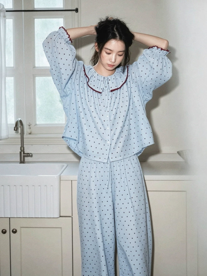 Soft cotton pajama set in light blue with burgundy polka dots, button front blouse and matching pants