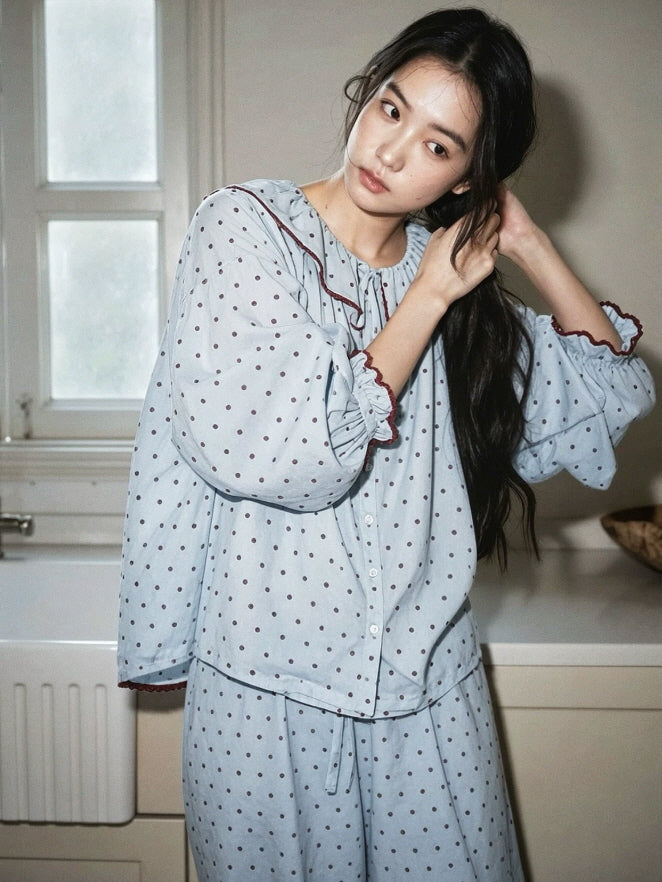 Romantic blue polka dot pajama top with balloon sleeves, ruffled cuffs and vintage inspired collar