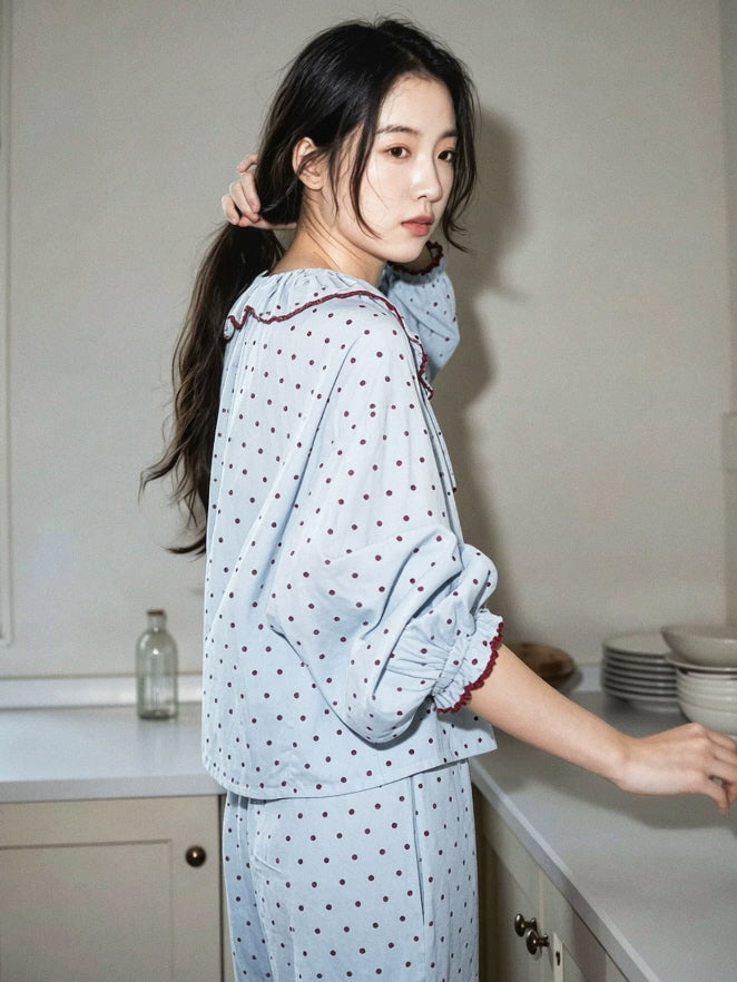Light blue cotton lounge set with burgundy dotted print, gathered ruffle details and relaxed fit pants